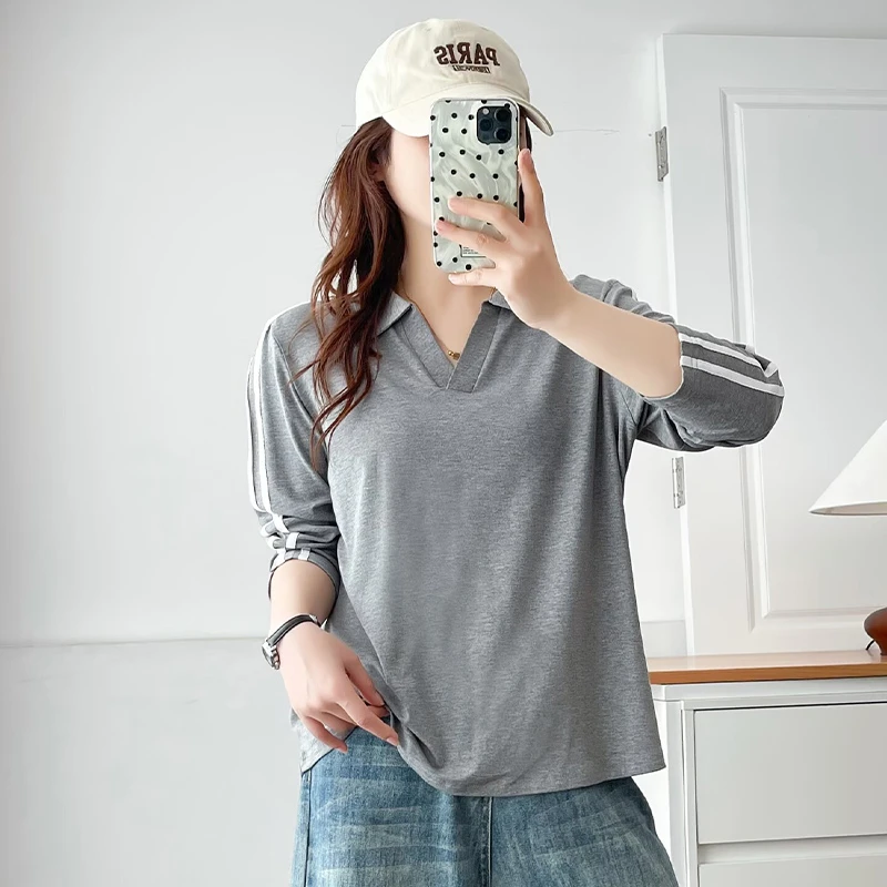 大码女装早秋新款时尚长袖T恤女宽松显瘦百搭胖mm洋气打底上衣潮