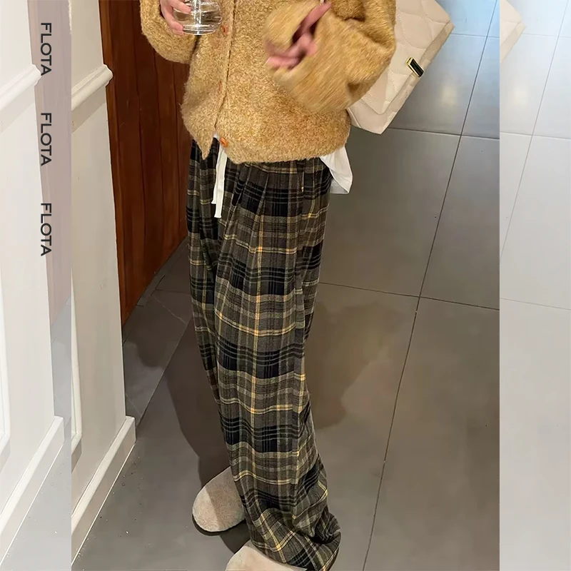 【flota】百搭格子阔腿长裤街头复古休闲风直筒高腰拖地长裤0036