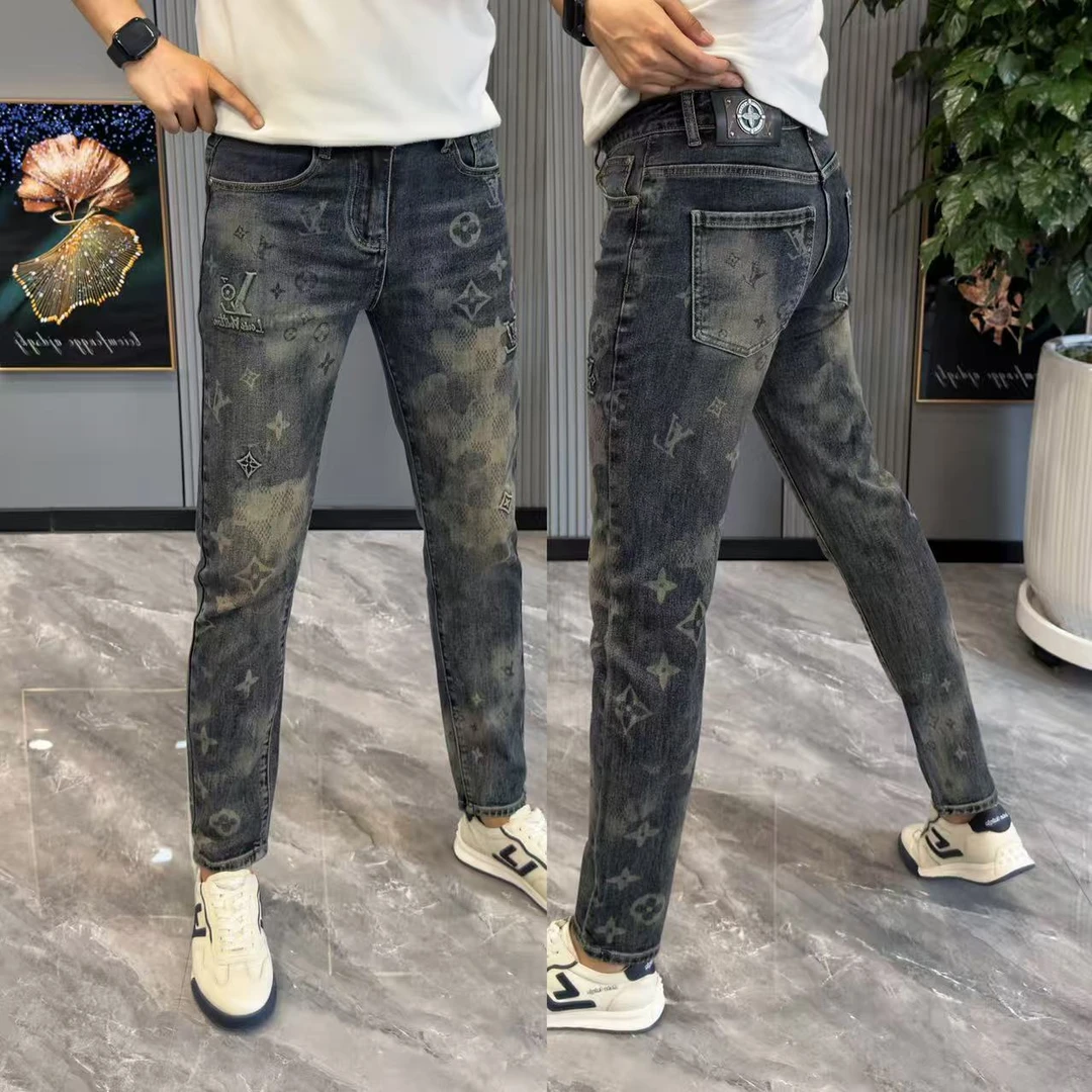 牛仔裤男秋季潮流时尚提花拼接长裤男舒适百搭宽松显瘦印花裤子男
