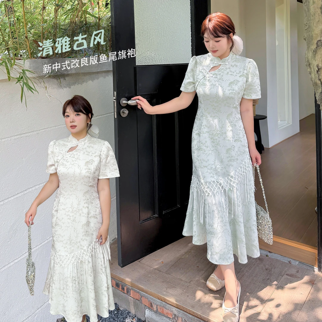 k3054大码女装旗袍新中式改良版鱼尾旗袍复古国风旗袍胖mm连衣裙