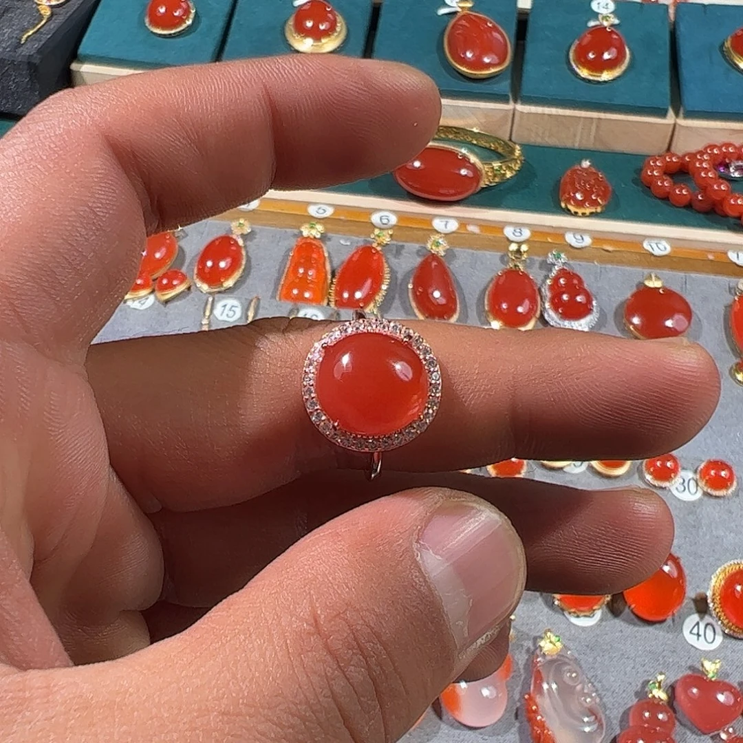 南红玛瑙银S925镀金镶嵌戒指