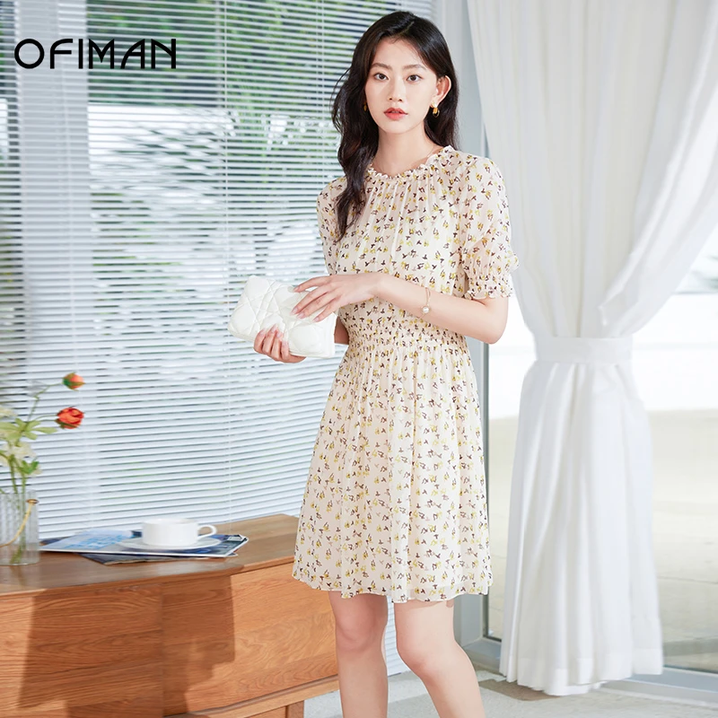【福利专属】Ofiman木耳花边圆领松紧腰减龄设计感雪纺印花连衣裙
