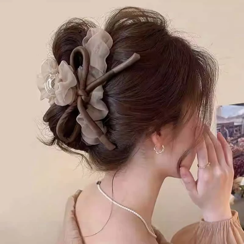 网纱蝴蝶结发夹抓夹女高级感2025新款鲨鱼夹发量大夏日后脑勺头饰