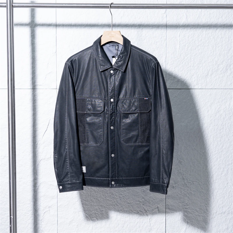 【退货补运费】春季剪标款男士复古暗纹通勤休闲皮衣外套15JB006