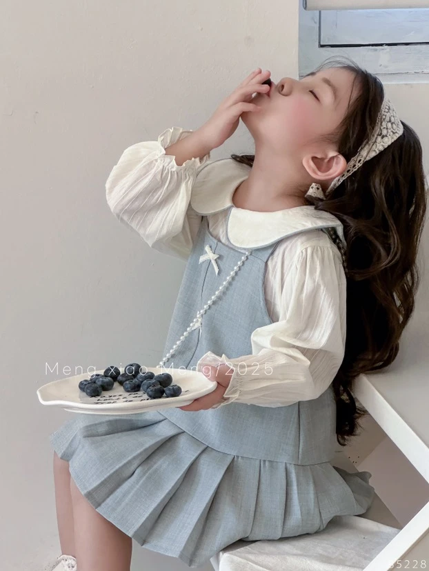 【XTL】2025新春天蓝色蝴蝶结带包包连衣裙套装85228