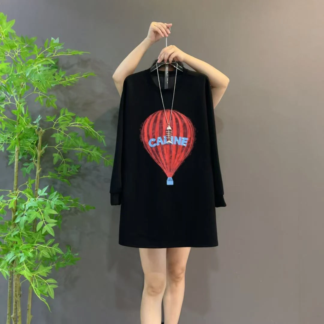 2878秋季新款潮流韩版字母热气球大码中长款百搭T恤宽松黑色大衫