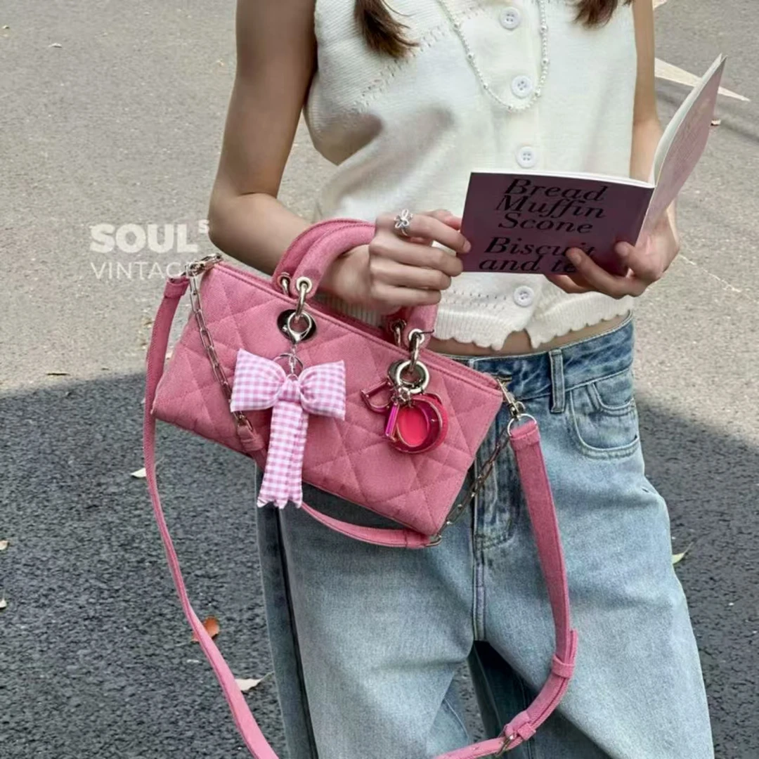 95新 DIOR/迪奥 Dior 粉金 丹宁 D-joy横版戴妃包/654015220
