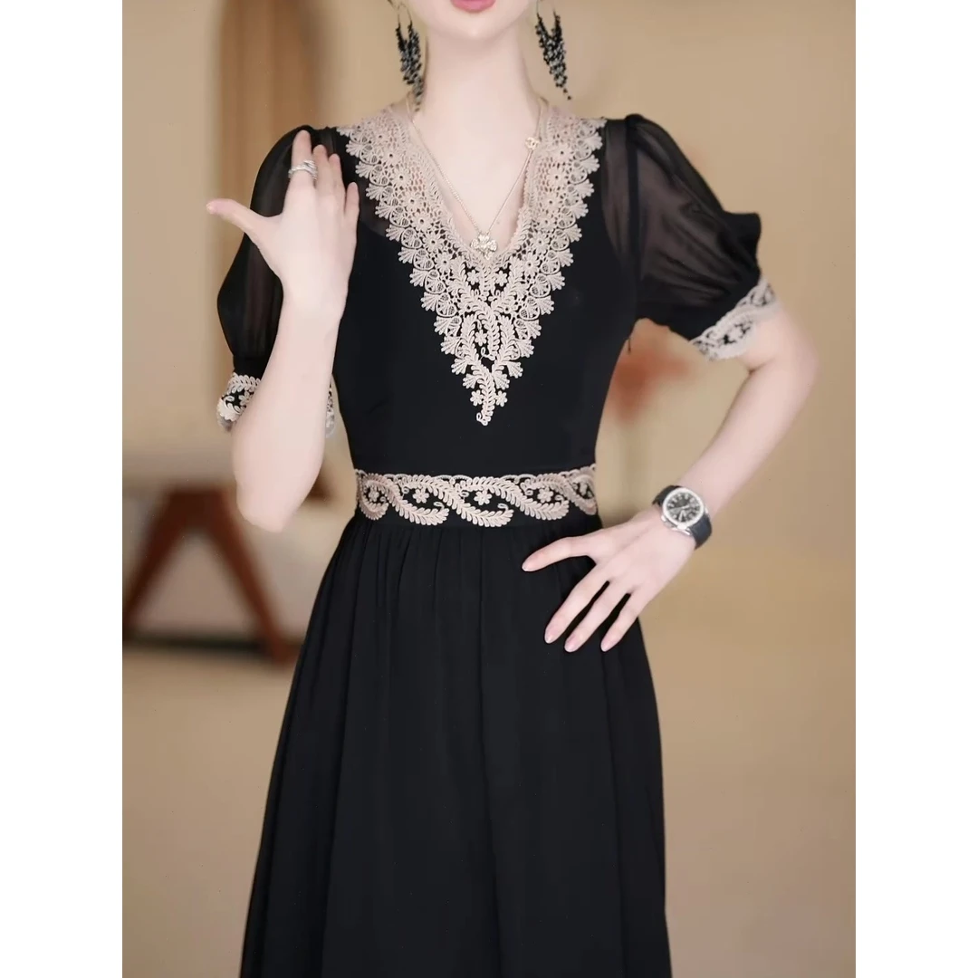 2023新款夏季设计感连衣裙优雅蕾丝显瘦过膝超仙中长款a字裙子