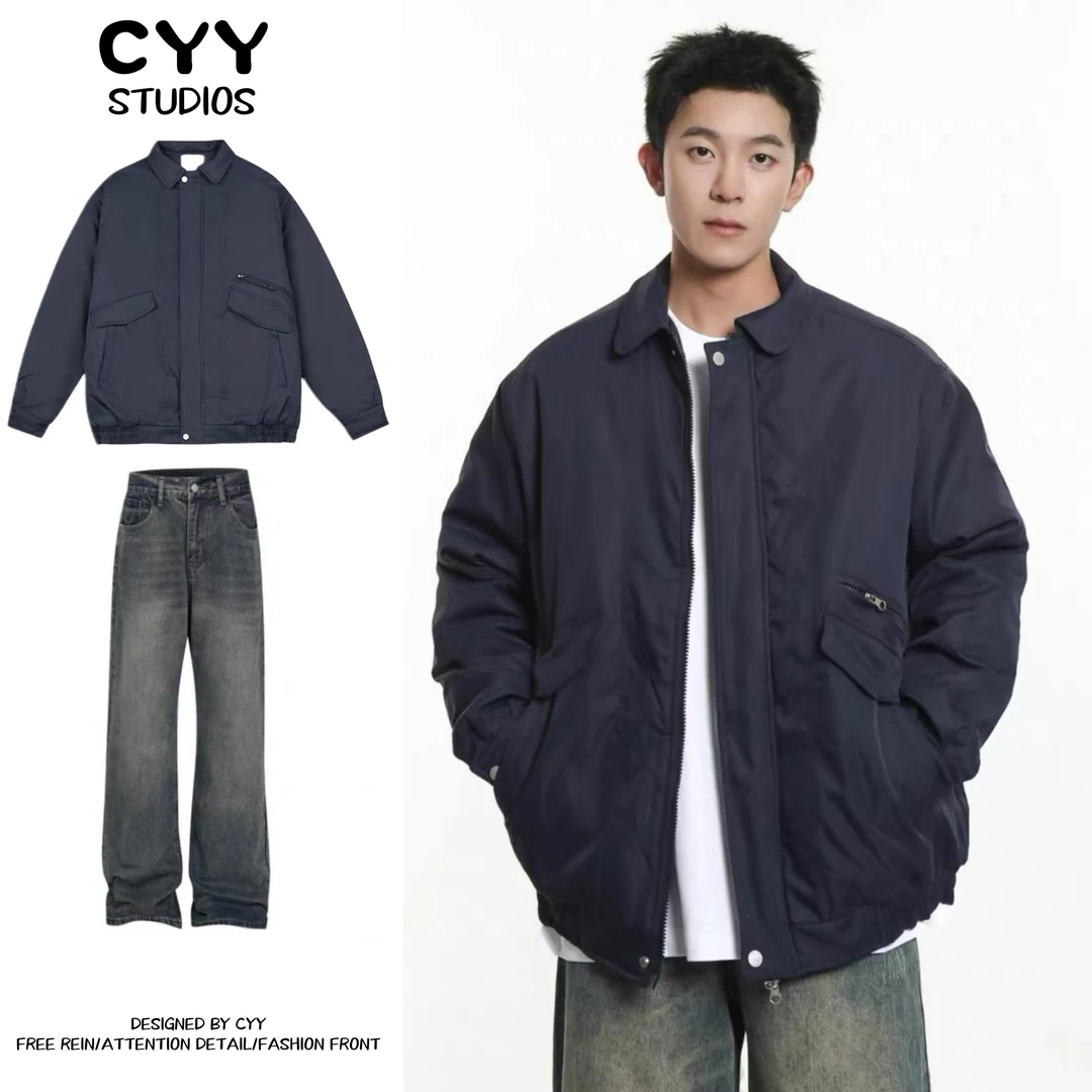 两件装/单件秋冬工装口袋棉衣男宽松翻领藏青色棉服复古防寒外套