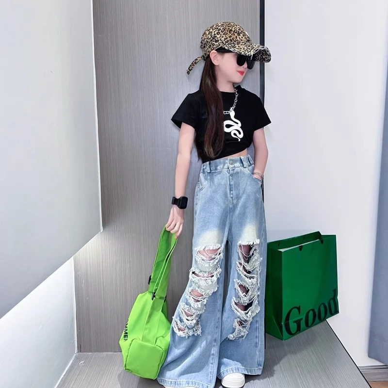 女童夏季薄款牛仔裤2025款儿童直筒裤女孩夏装破洞阔腿裤短袖6-12