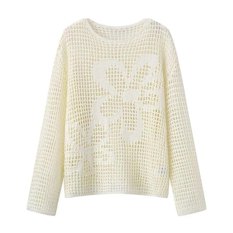 1488春季2025新款法式钩花棉纱镂空宽松白色落肩针织衫