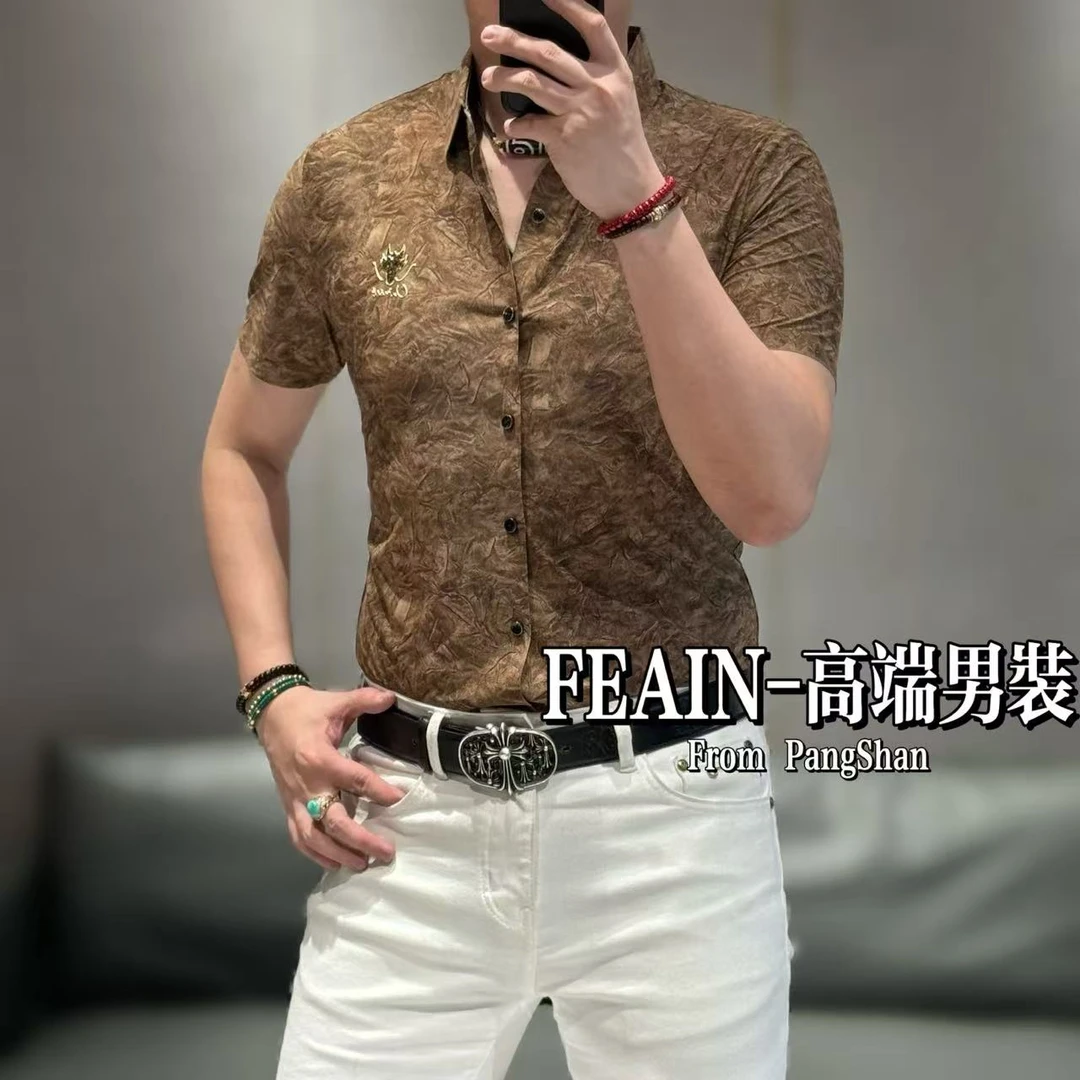 高端弹力莱卡满花印花奥钻水晶砂龙头胸标短袖衬衫1530