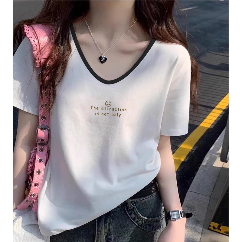 大码胖mm韩版简约宽松显瘦短袖T恤女士夏季新款大领口V领印花上衣