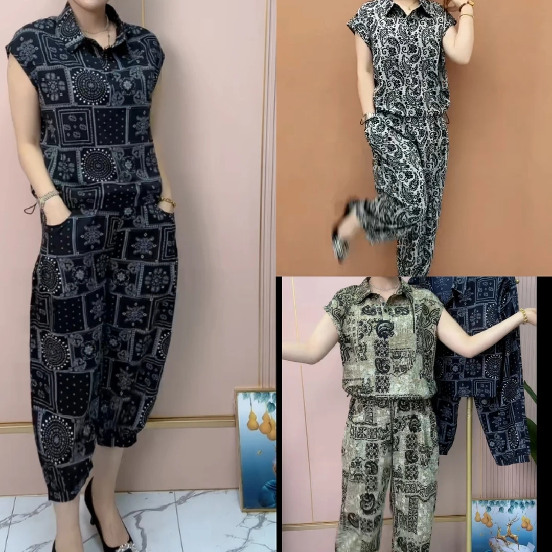 夏季时尚宽松遮肉抽绳上衣与裤子套装