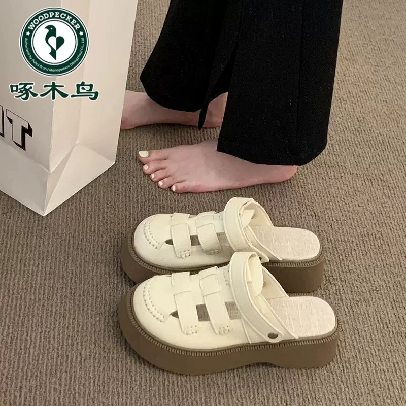 啄木鸟两穿包头罗马凉鞋女2025年新款夏季外穿厚底镂空沙滩半拖鞋
