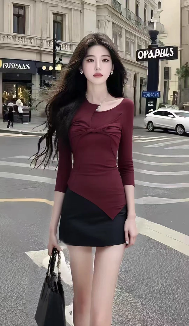 纯欲气质氛围感穿搭酒红色修身不规则上衣+黑色包臀半身裙两件套