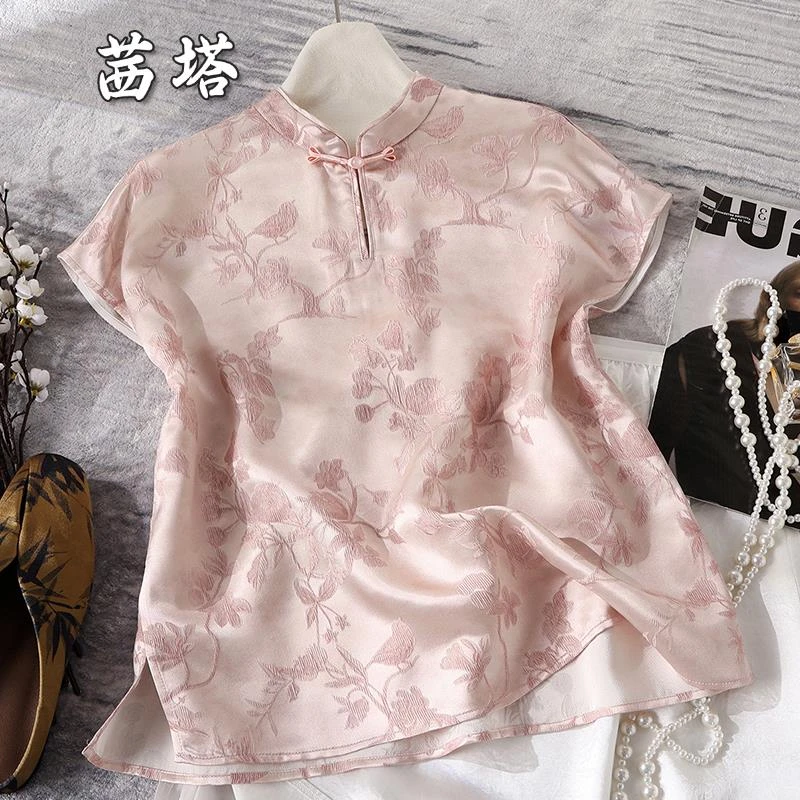 2025年时尚百搭新中式国风盘扣t恤缎面立领小衫改良旗袍上衣女夏