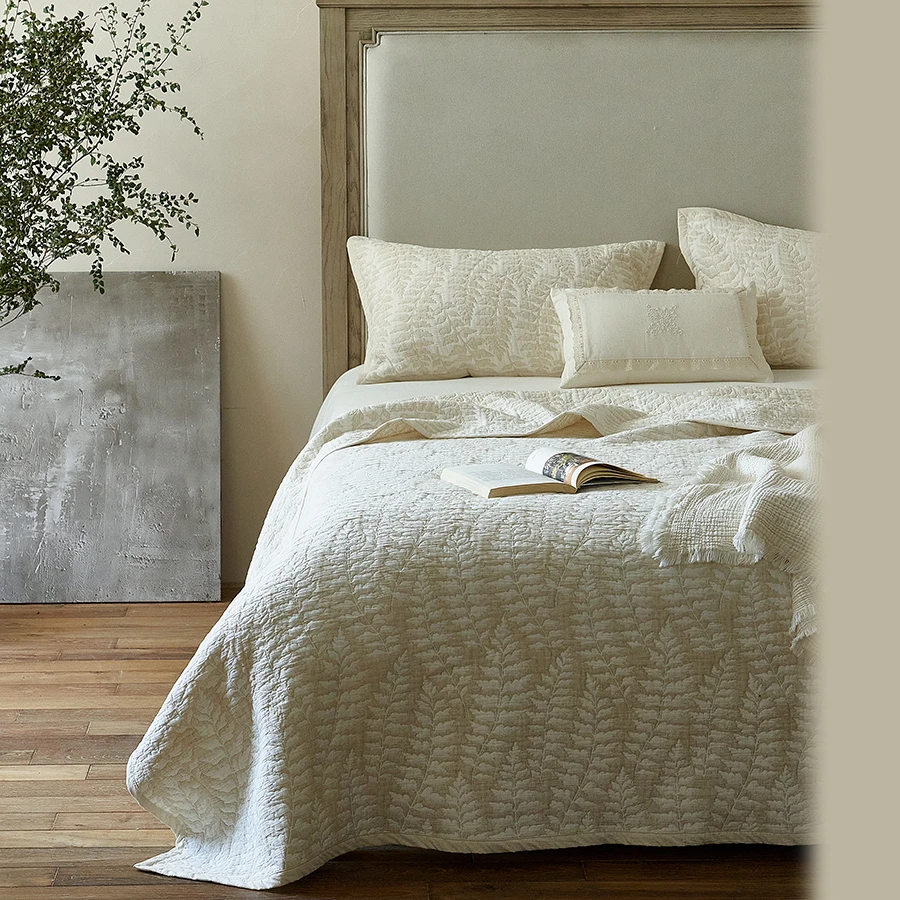 法式田园/全棉15%亚麻提花高密棉麻多功能床盖三件套绗缝夹棉盖毯