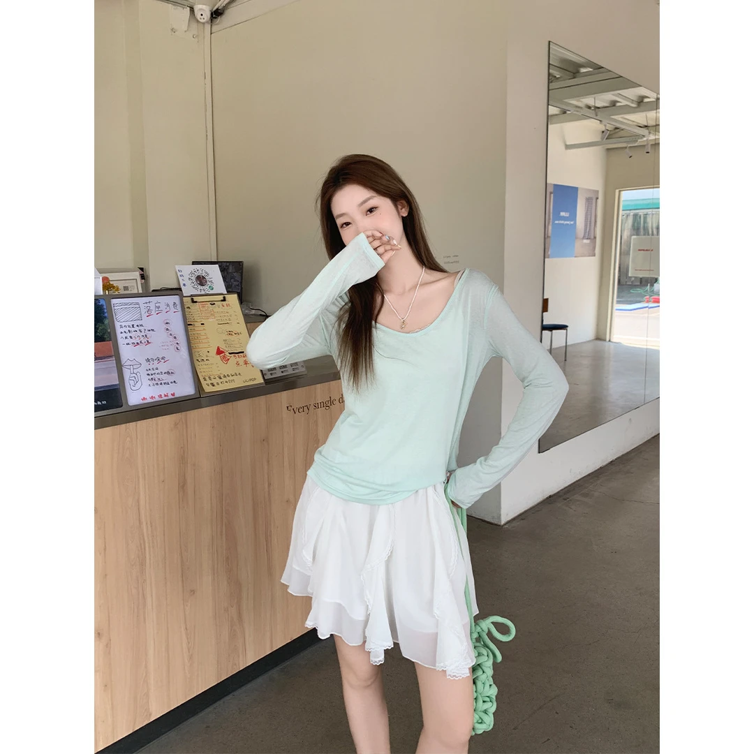 纯欲辣妹微透薄款防晒罩衫长袖T恤女夏季新款高级感修身绝美上衣