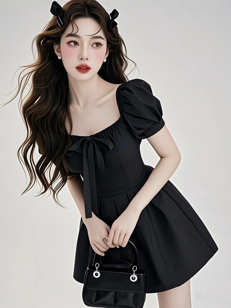法式多巴胺黑色连衣裙女夏天2025新款高级感收腰显瘦气质小礼服