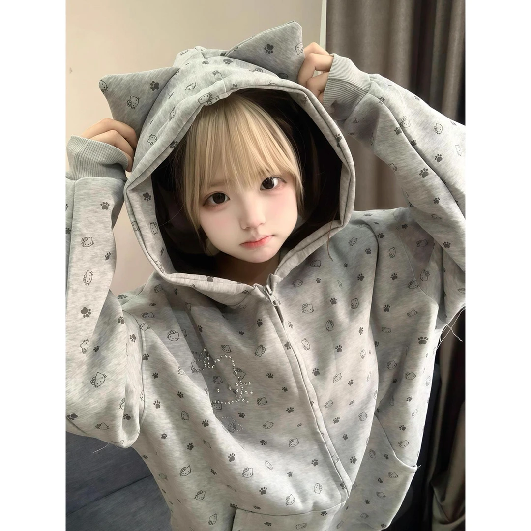 灰色猫咪满印连帽卫衣女秋冬季宽松慵懒风开衫外套情侣百搭潮流