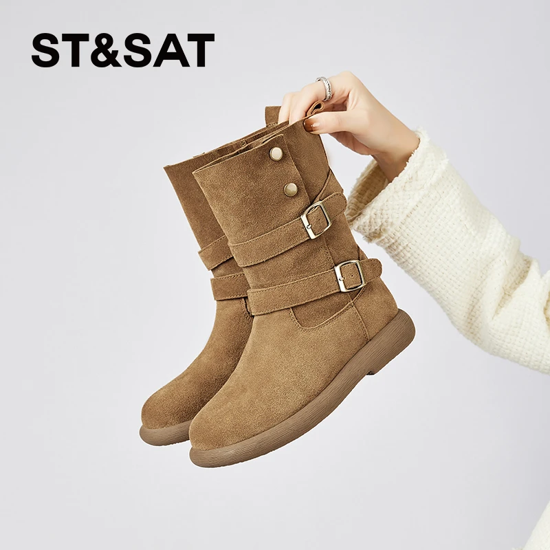 星期六真皮复古皮带扣短靴女2025新款秋季厚底马丁靴西部牛仔靴