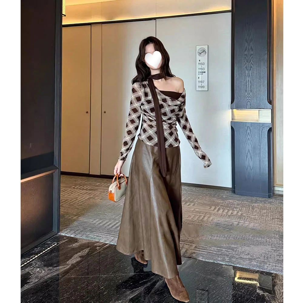 【现货】秋季新款简约百搭气质休闲宽松A字皮裙女棕色高腰显瘦长裙