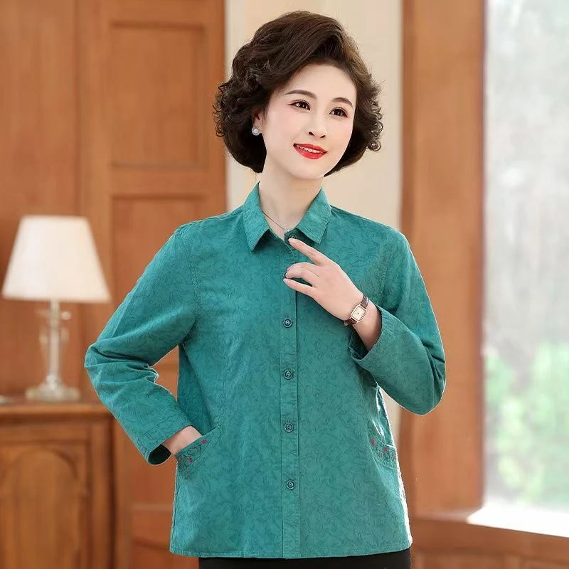 秋依妈妈长袖衬衣春季新款纯棉提花布衬衫中老年宽松大码婆婆上衣