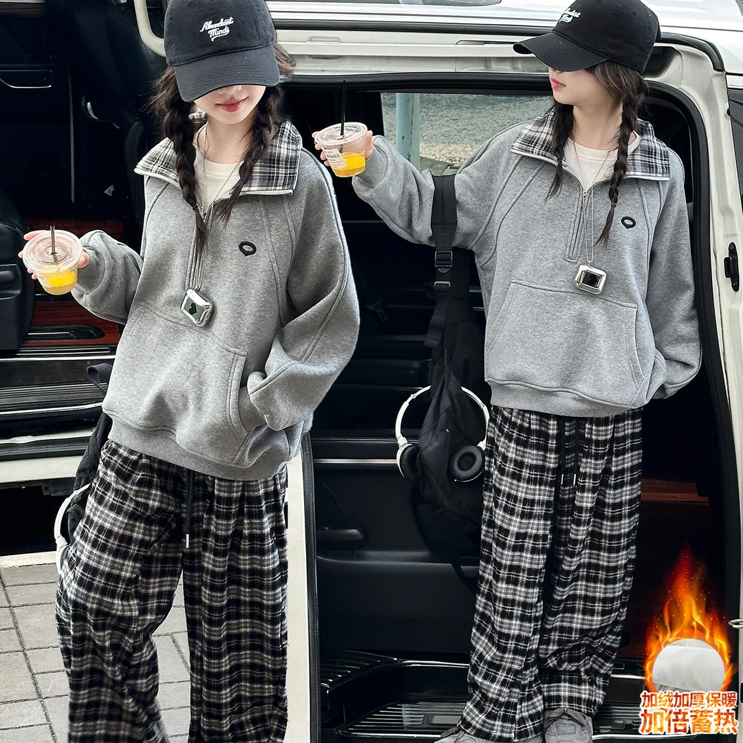 女童秋冬加绒套装2025新款中大童格子拼接加绒卫衣时髦休闲两件套