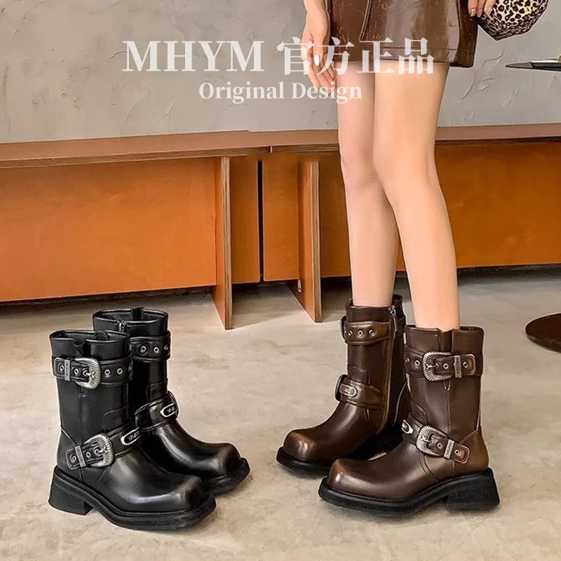 赵昭仪爆款美拉德真皮擦色女金属扣英伦短靴辣妹复古西部靴子