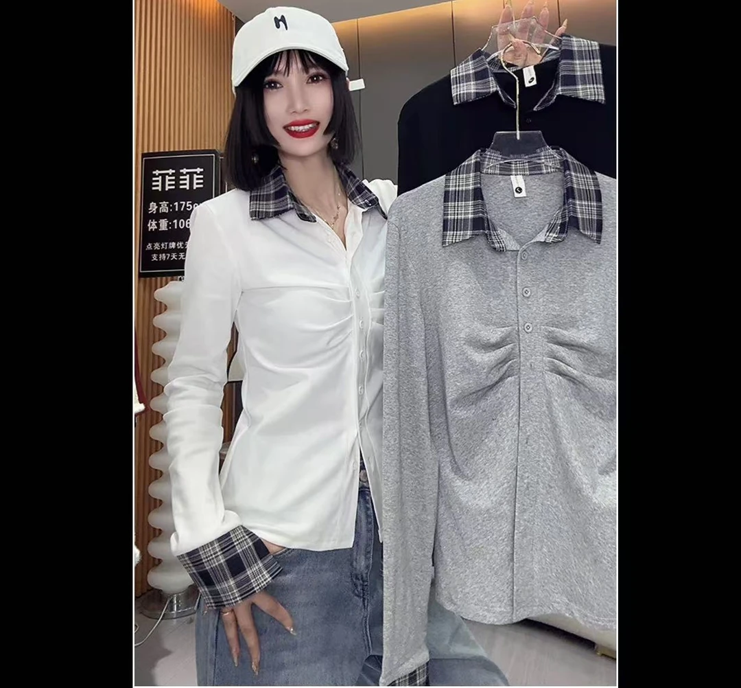 【雅希定制】韩系格子拼接打底衫春季新款褶皱修身显瘦内搭上衣2566