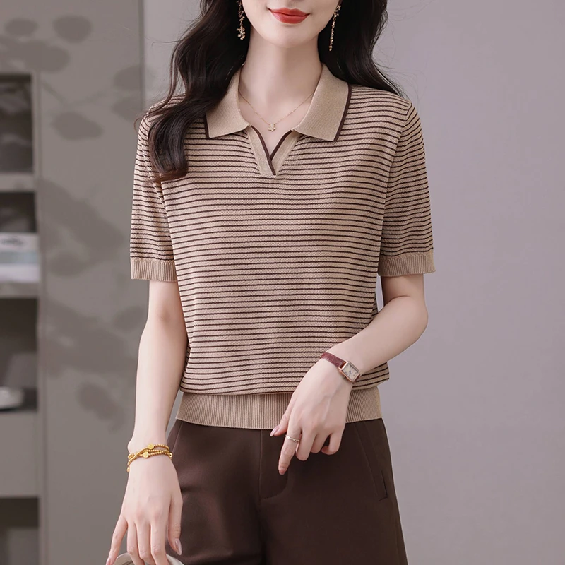 夏季短袖条纹t恤女翻领宽松遮肚显瘦针织polo小衫XM-98991