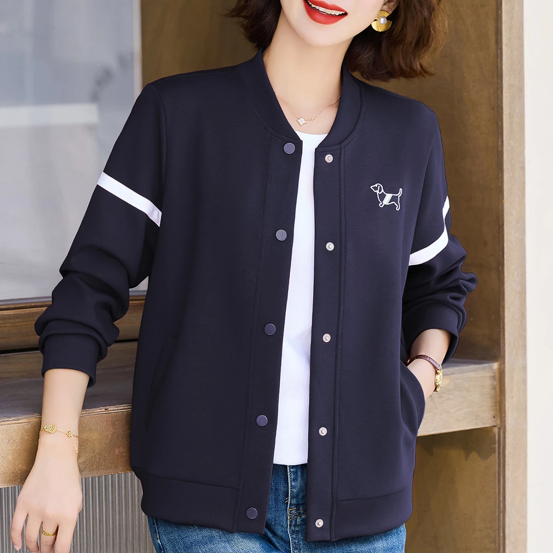 【棒球领暗扣外套】2026年新款纯色简约刺绣开衫女士宽松气质女上衣