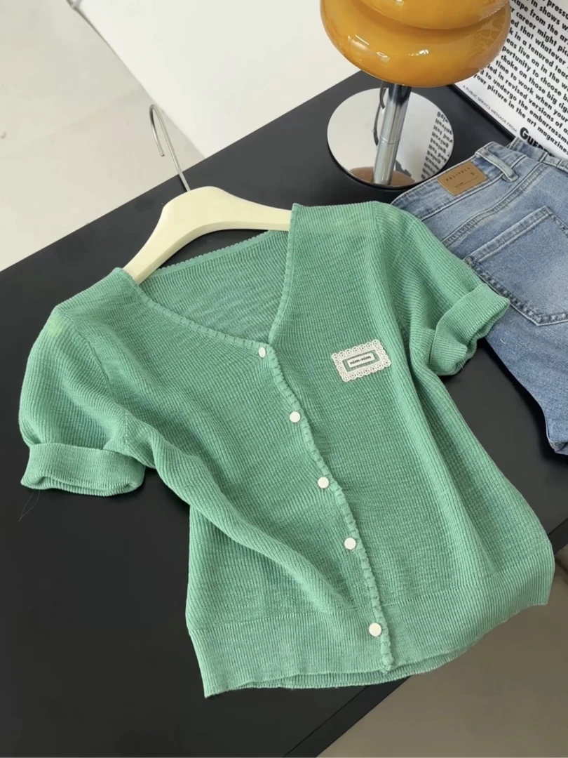 原创正版！韩版气质轻薄针织短袖T恤女装夏季新款百搭薄纱漂亮上衣