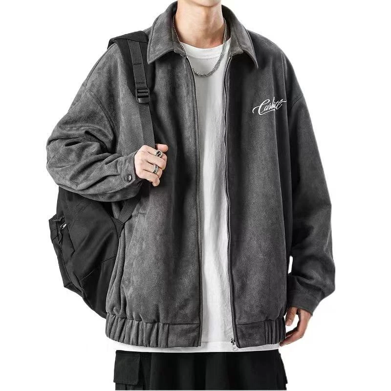 潮牌桃皮绒夹克男士春秋季宽松字母刺绣棒球服日系复古休闲外套