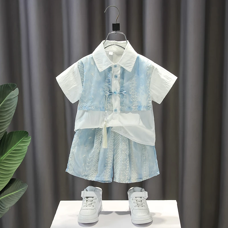 儿童套装男童夏季新中式国风衬衫宝宝童装男孩夏款洋气时髦两件套