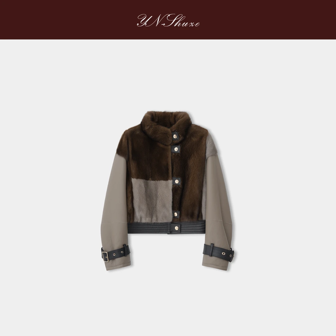 YN-SHUZE秋冬季气质羊皮毛一体拼水貂毛外套SZ-YNB-5587