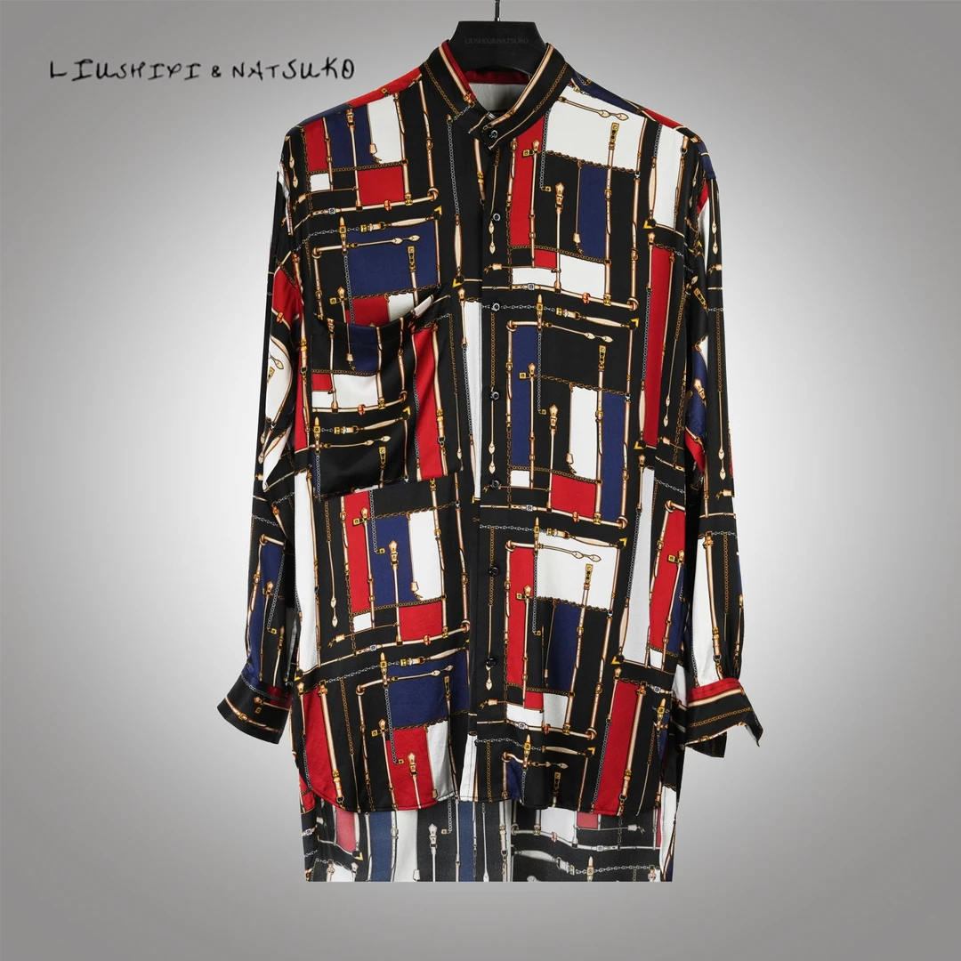 L&N立领大贴兜宽松版（长袖）桑蚕丝时尚潮流黑白红拼接衬衫