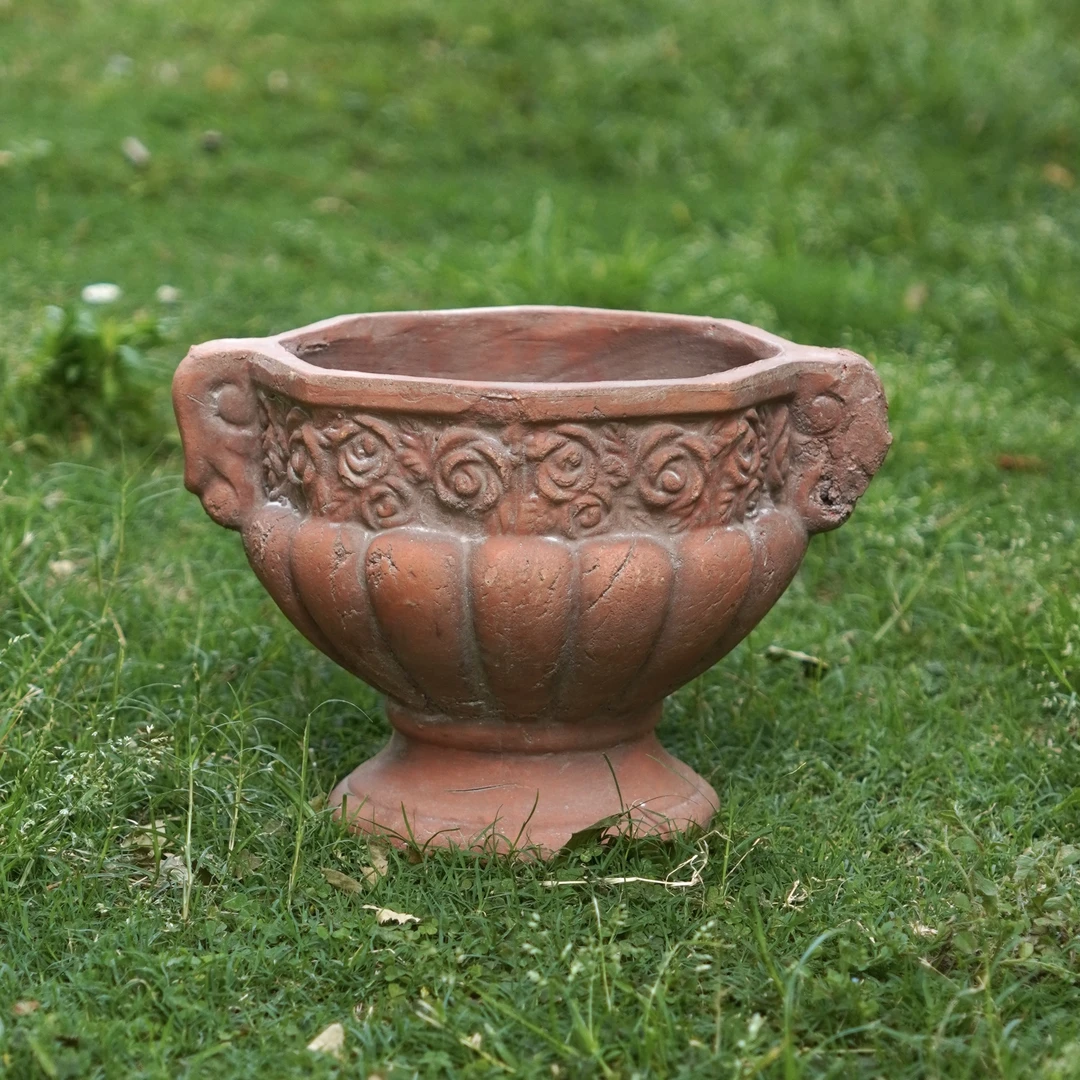 手工红陶奖杯盆复古花边盆粗陶花盆花园摆件