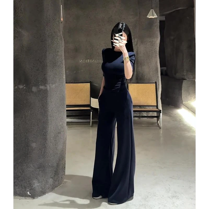 气质时尚套装修身显瘦短款T恤女夏季辣妹低腰休闲拖地裤子两件套