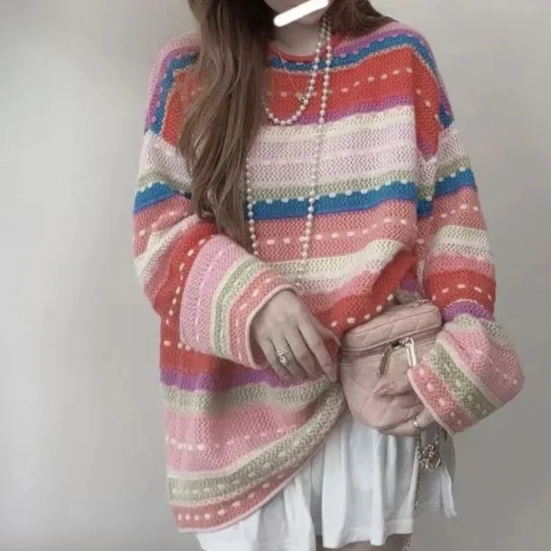 【100山羊绒】241455彩虹拼色款圆领羊绒衫多巴胺洋气穿搭款