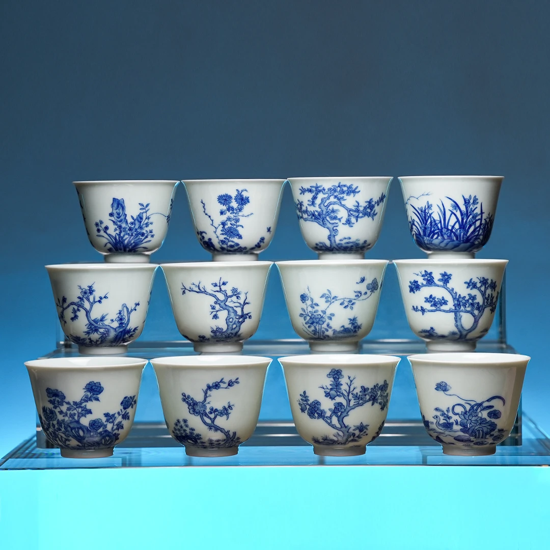 【见山烧】见山青花十二花神杯套组