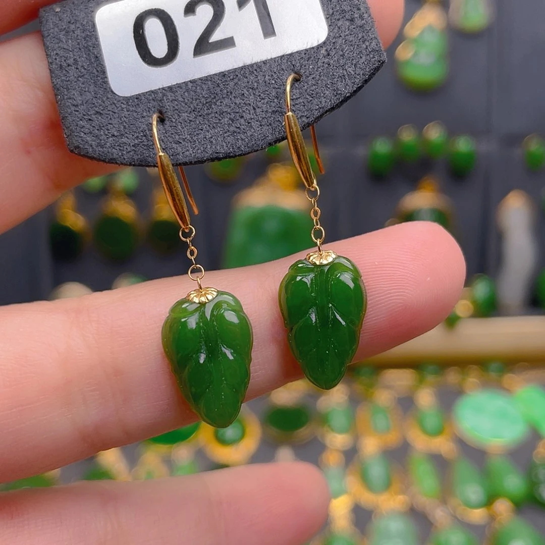 和田玉18K金镶嵌耳饰398