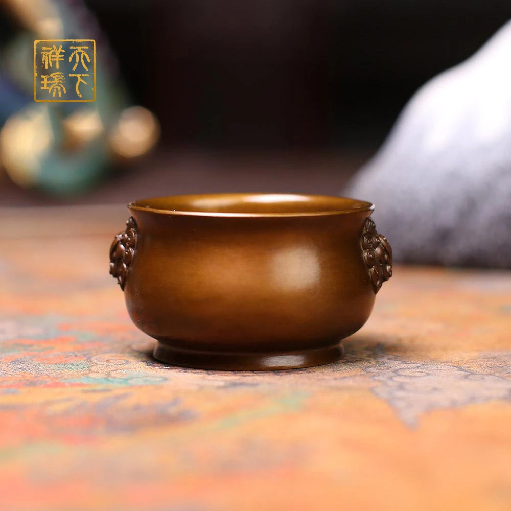 天下祥瑞 6#天鸡耳圆形炉黄铜居家玄关办公室书房摆件国风礼品