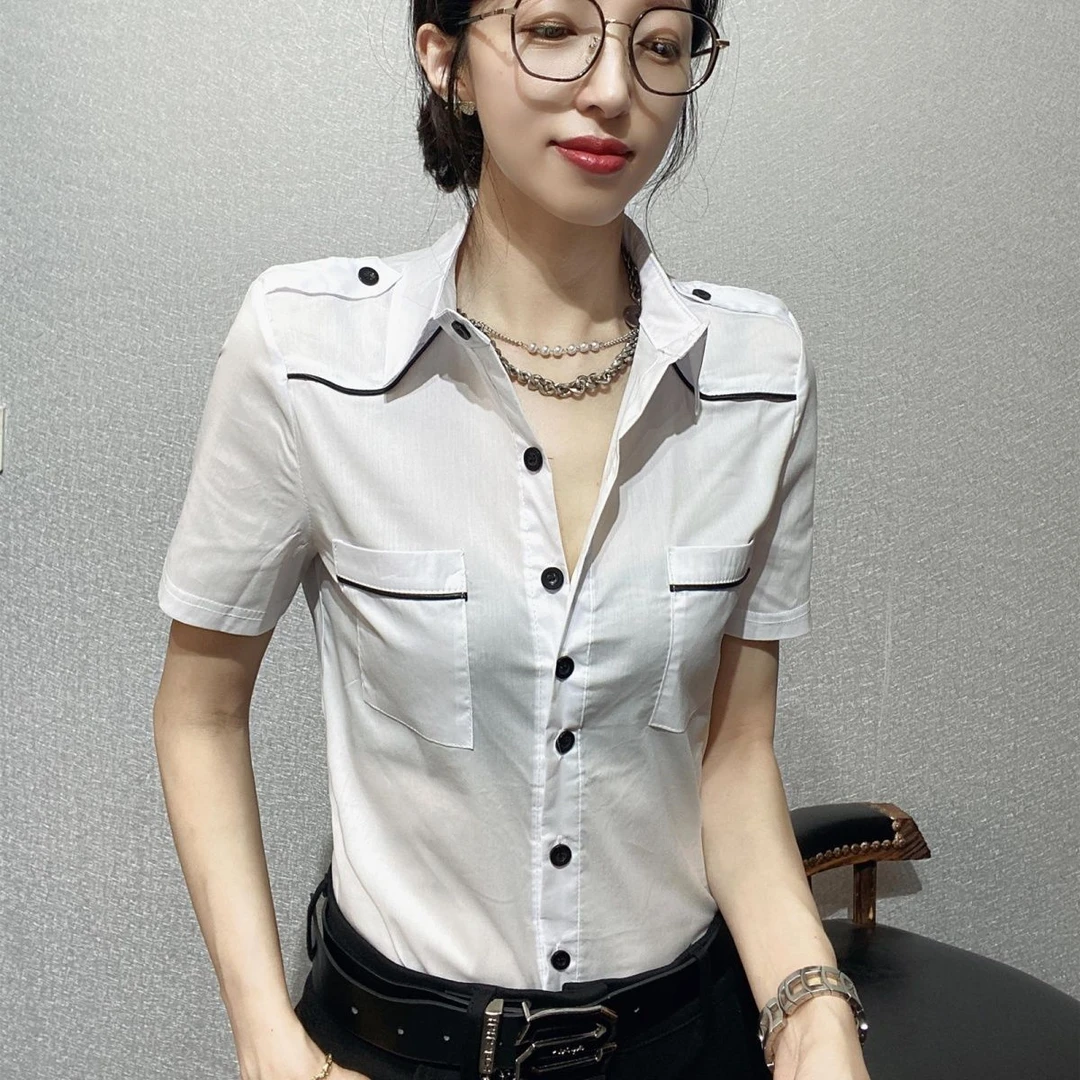 网红短袖衬衫女洋气夏季显瘦上衣气质弹力丝光棉纯色高档百搭5033