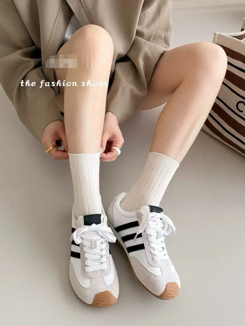 女鞋新款德训鞋新款韩版真皮拼接休闲系带平底运动鞋QYHH 2026-5