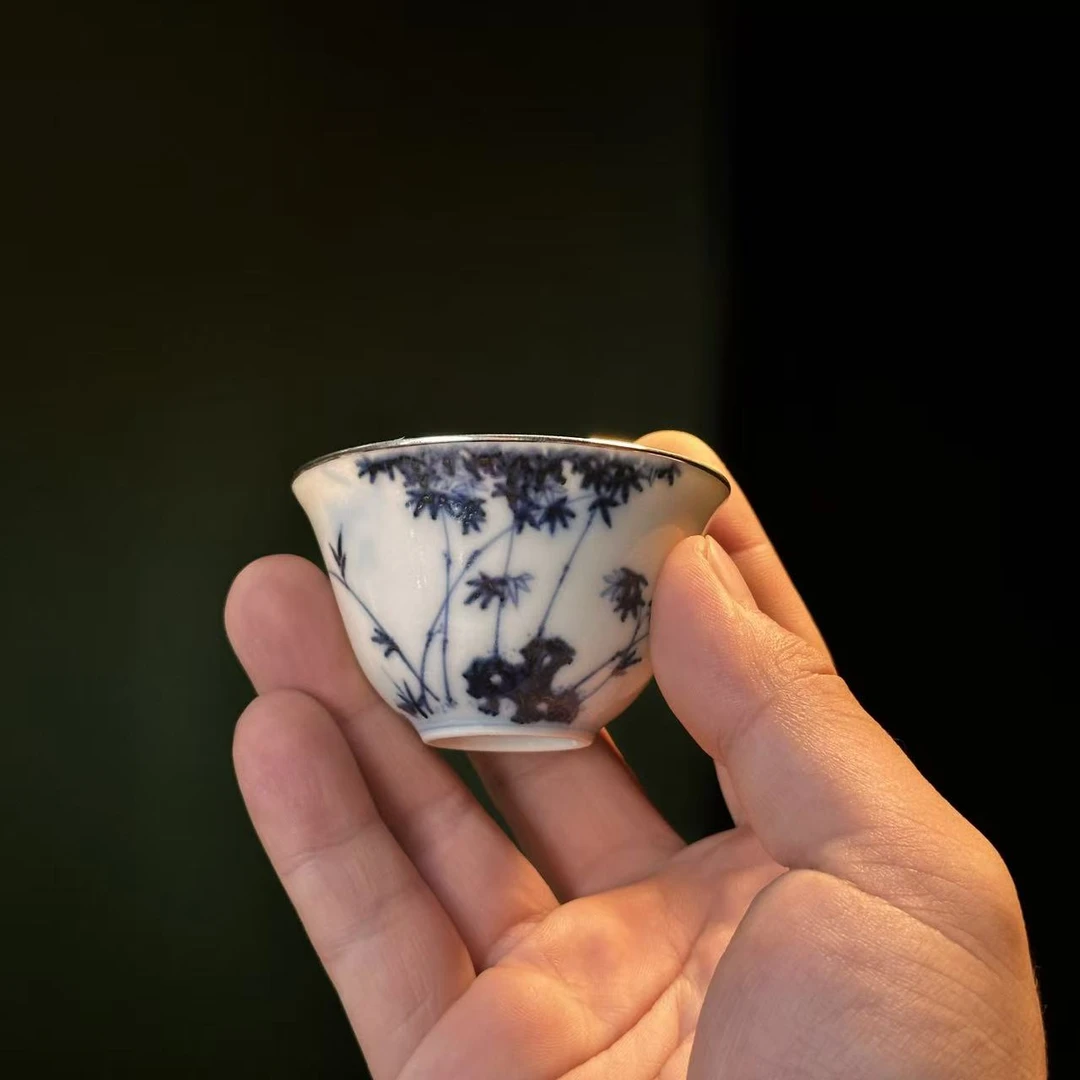 景德镇手绘仿明青花竹影单杯包银口