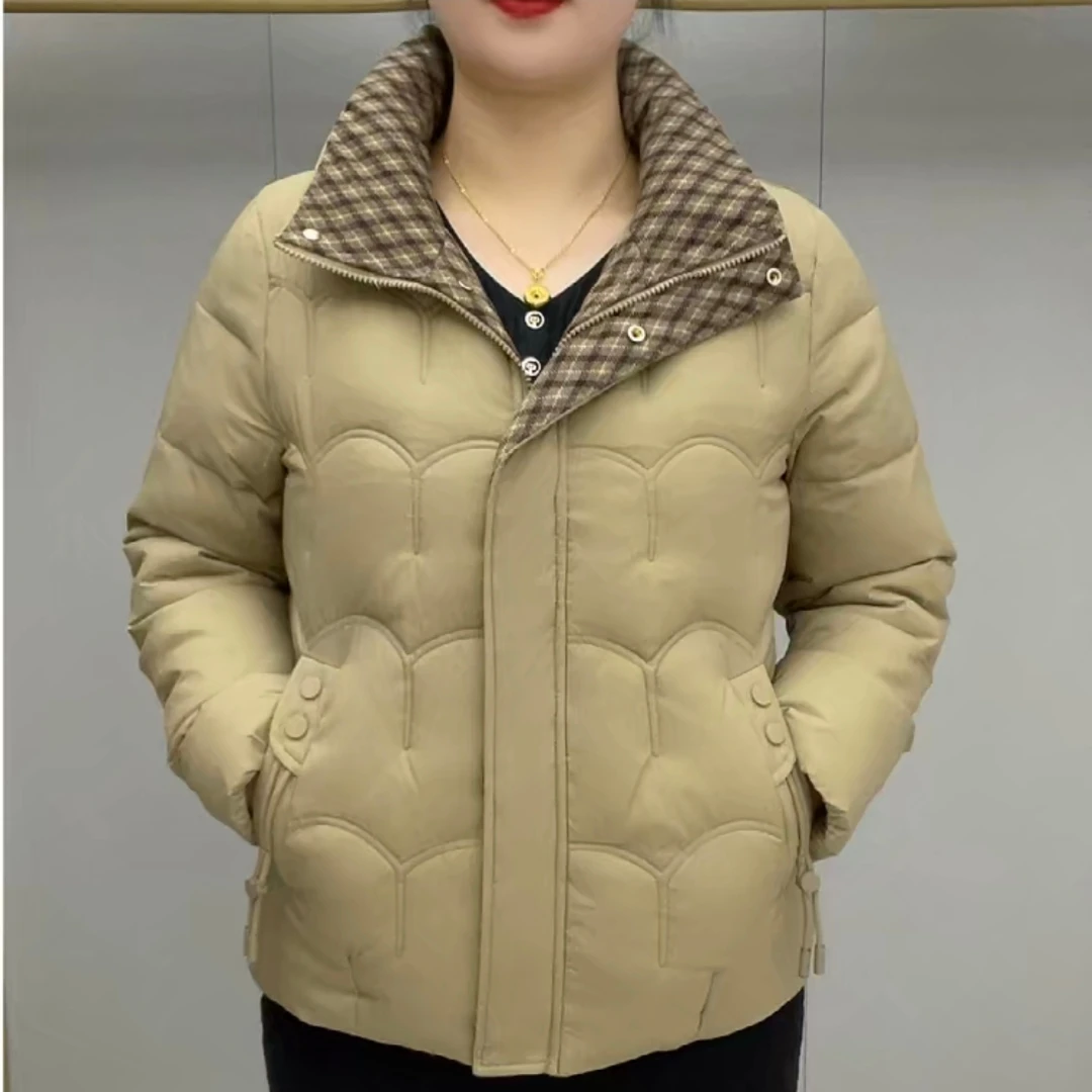 格子领中老年妈妈秋冬时尚立领加厚防风显瘦百搭棉袄外套冬季