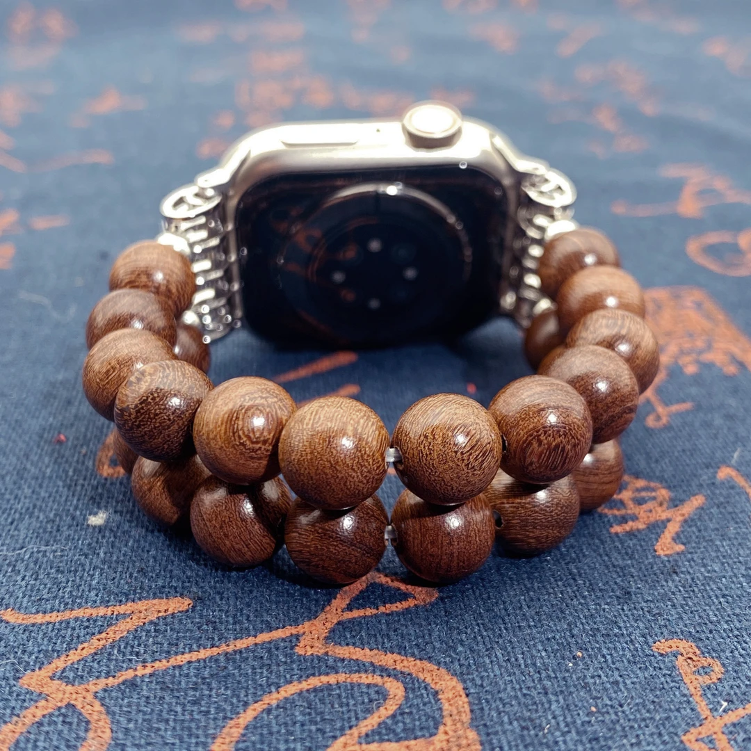 适用苹果手表iwatch檀木串珠表带弹力佛珠手串文玩手链手表带