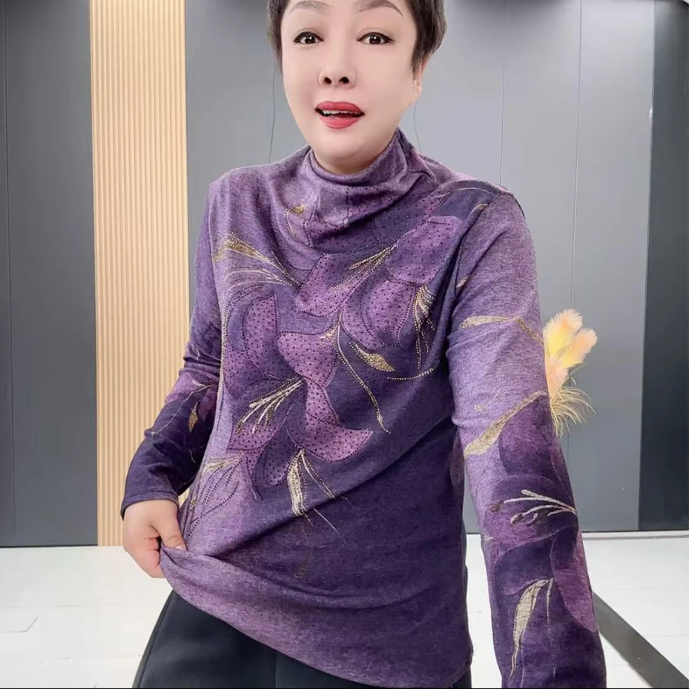 长袖网红套头款冬季烫钻保暖半高领打底衫印花加厚时尚上衣-2879